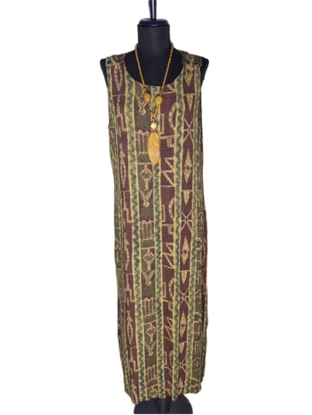 Vintage 90s boho maxi dress brown green ethnic art Western hippie Southern 12 L